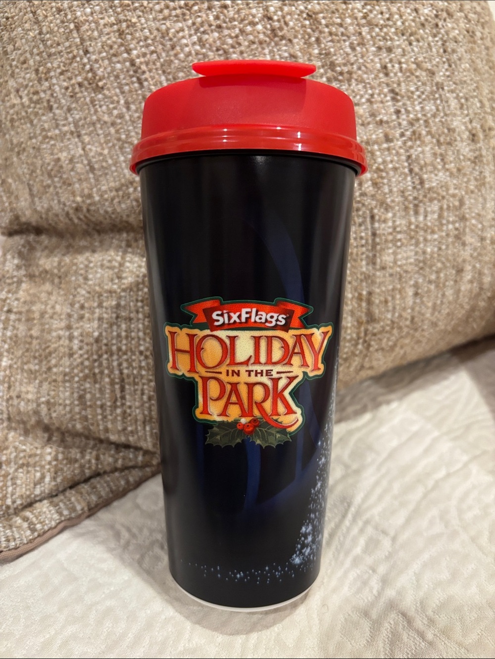 Six Flags Holiday in the Park Travel Tumbler — Black with Red Lid
